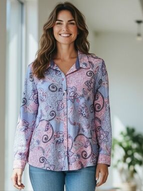 Charter Club Cotton Pink & Blue Paisley Button-Down Shirt